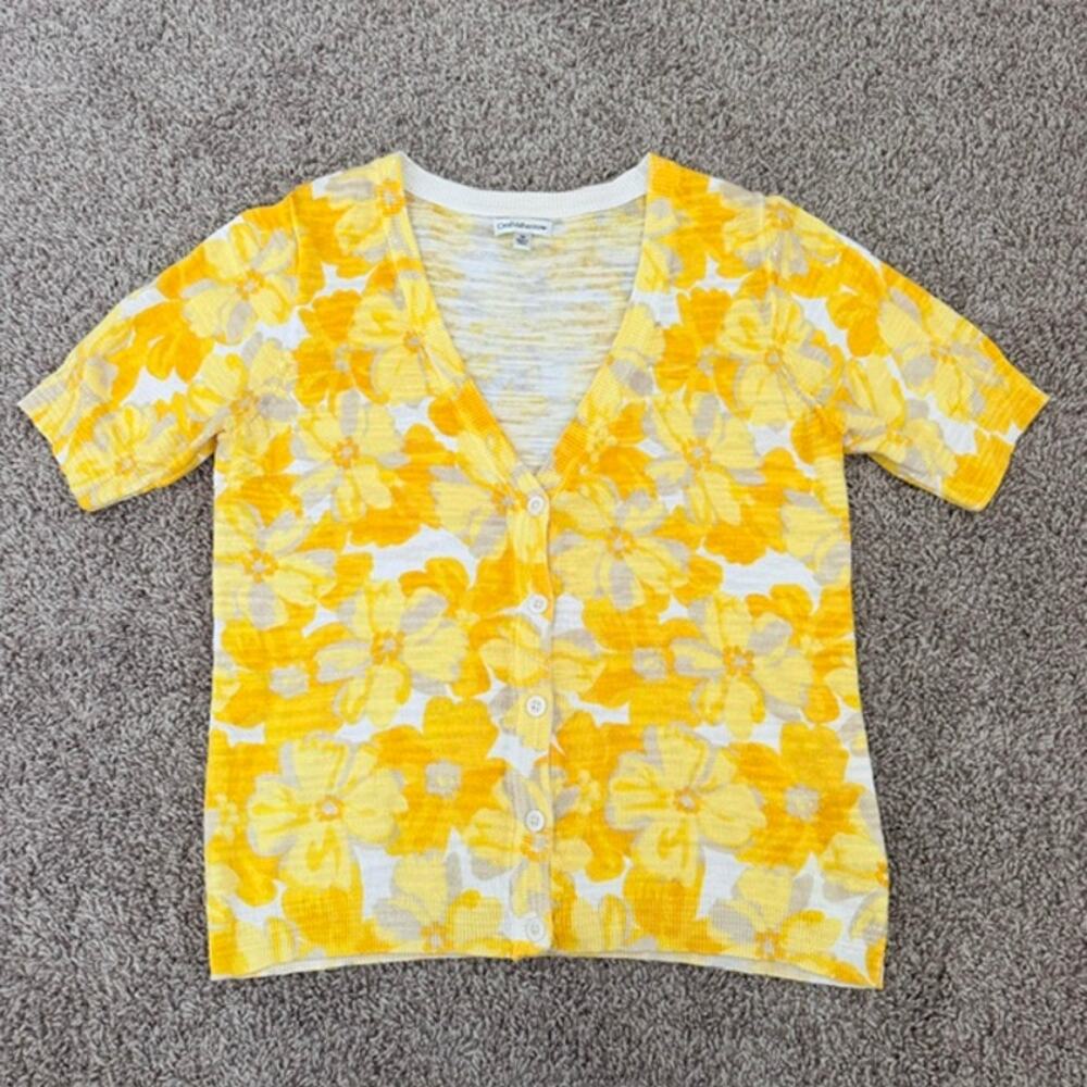 Croft & Barrow Cardigan Short Sleeve Short Sweater 100% Cotton Yellow Floral